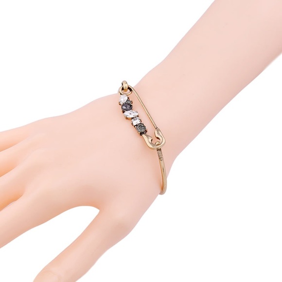 Safety Pin Crystal Bezelled Bracelet, Antique Gold Tone Bangle - Picture 6 of 8